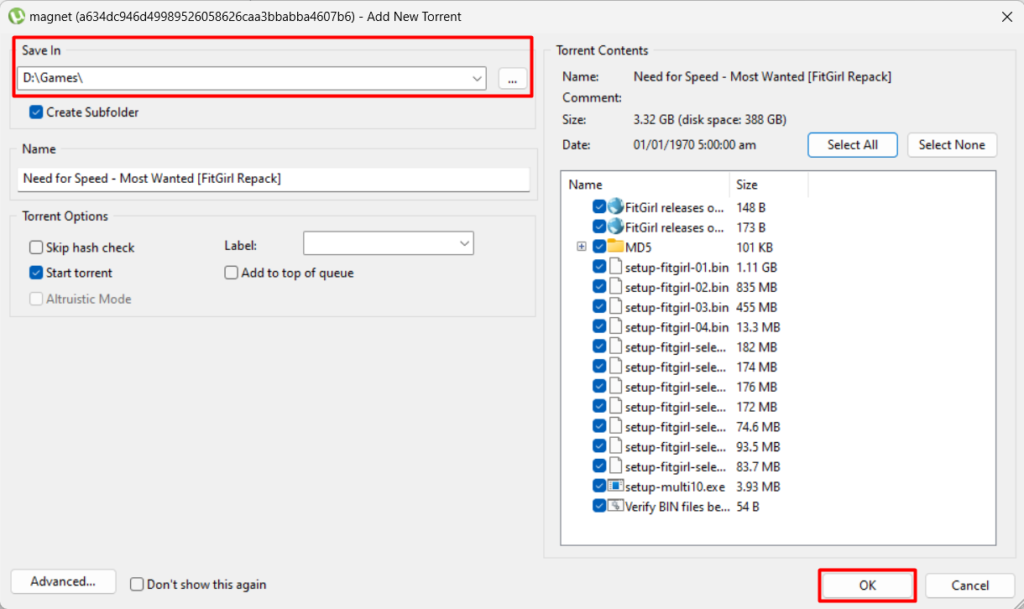choose location and click ok