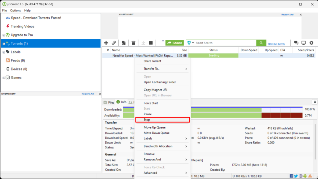 stop the torrent from seeding