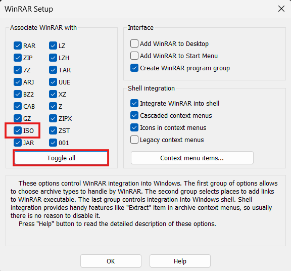 toggle all winrar option